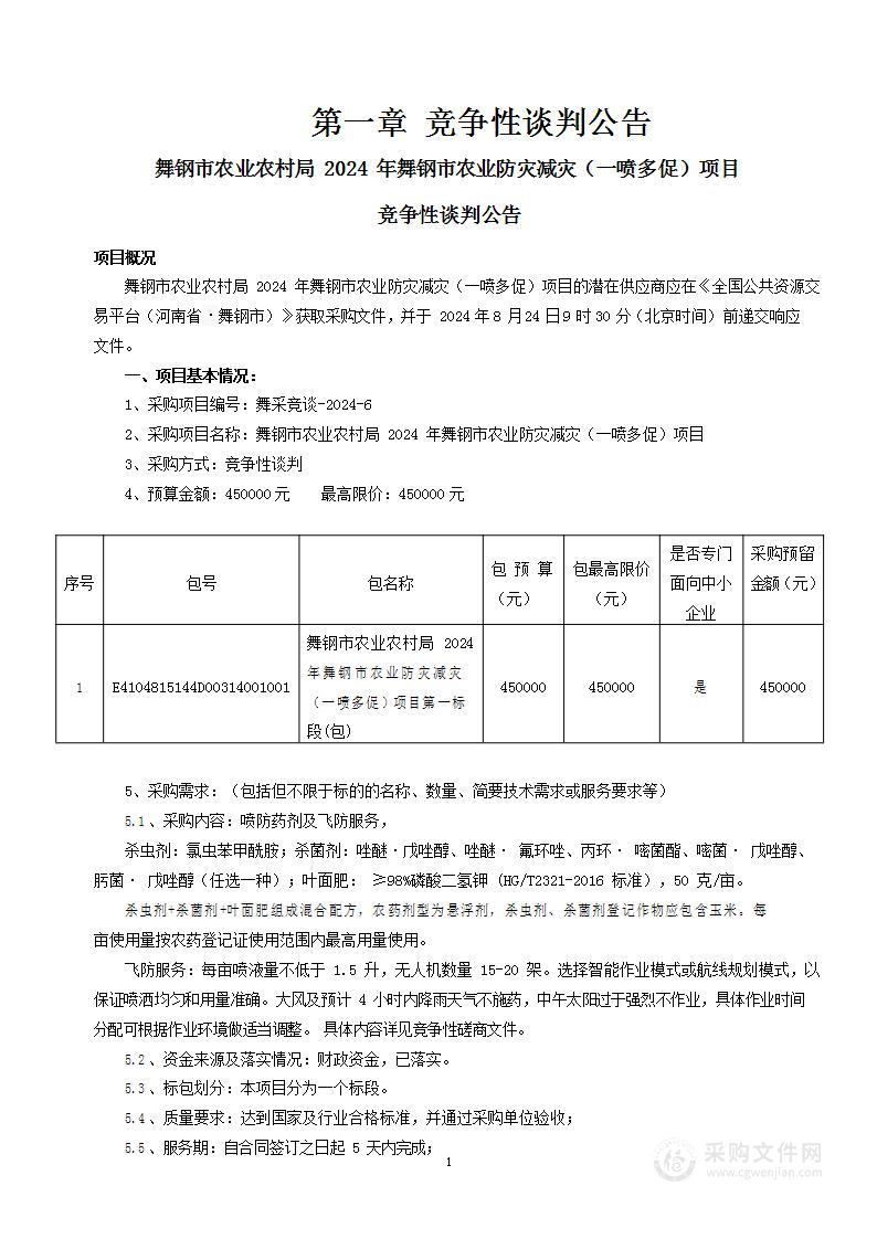 舞钢市农业农村局2024年舞钢市农业防灾减灾（一喷多促）项目