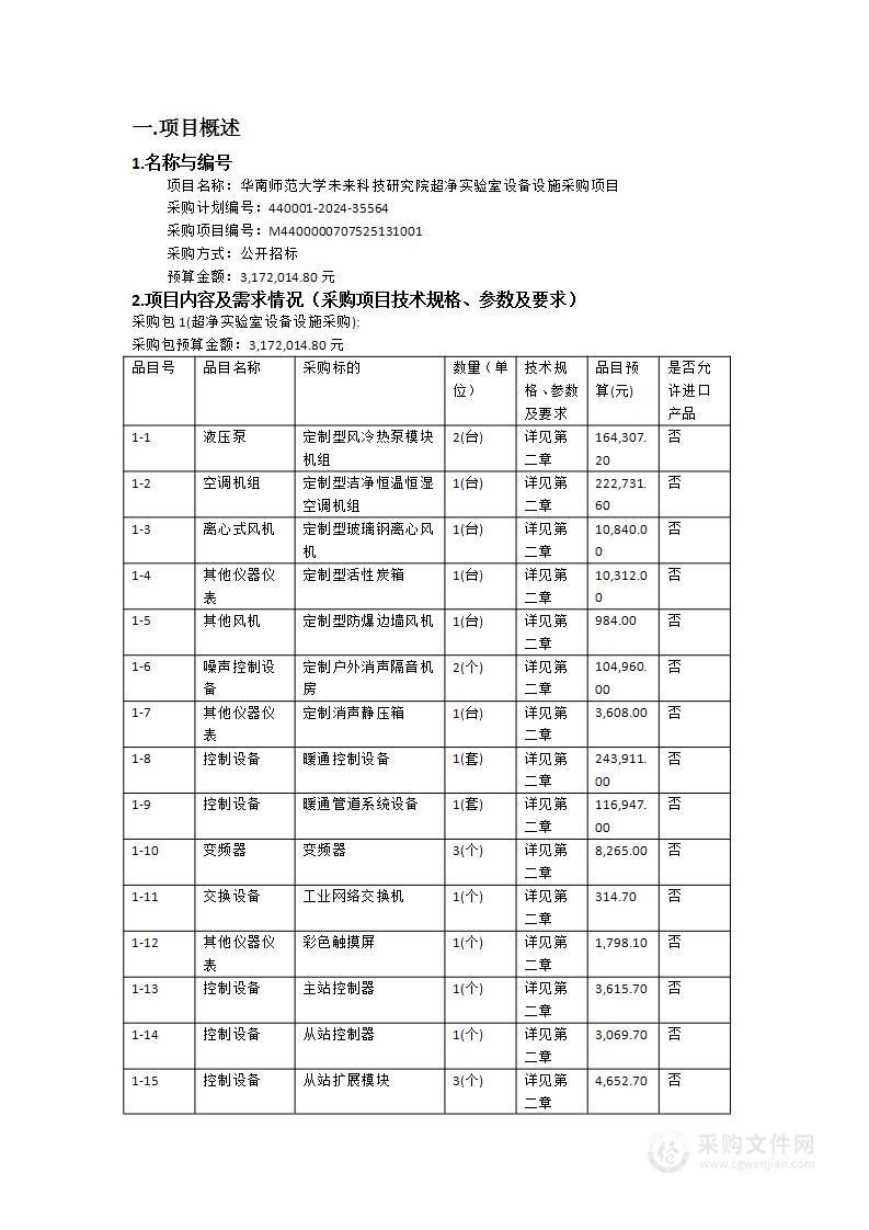 华南师范大学未来科技研究院超净实验室设备设施采购项目