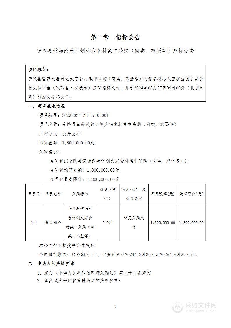 宁陕县营养改善计划大宗食材集中采购（肉类、鸡蛋等）