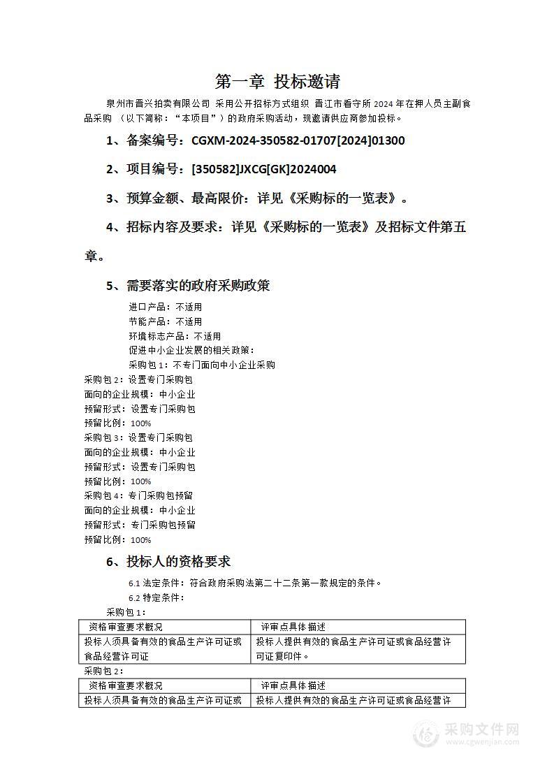 晋江市看守所2024年在押人员主副食品采购