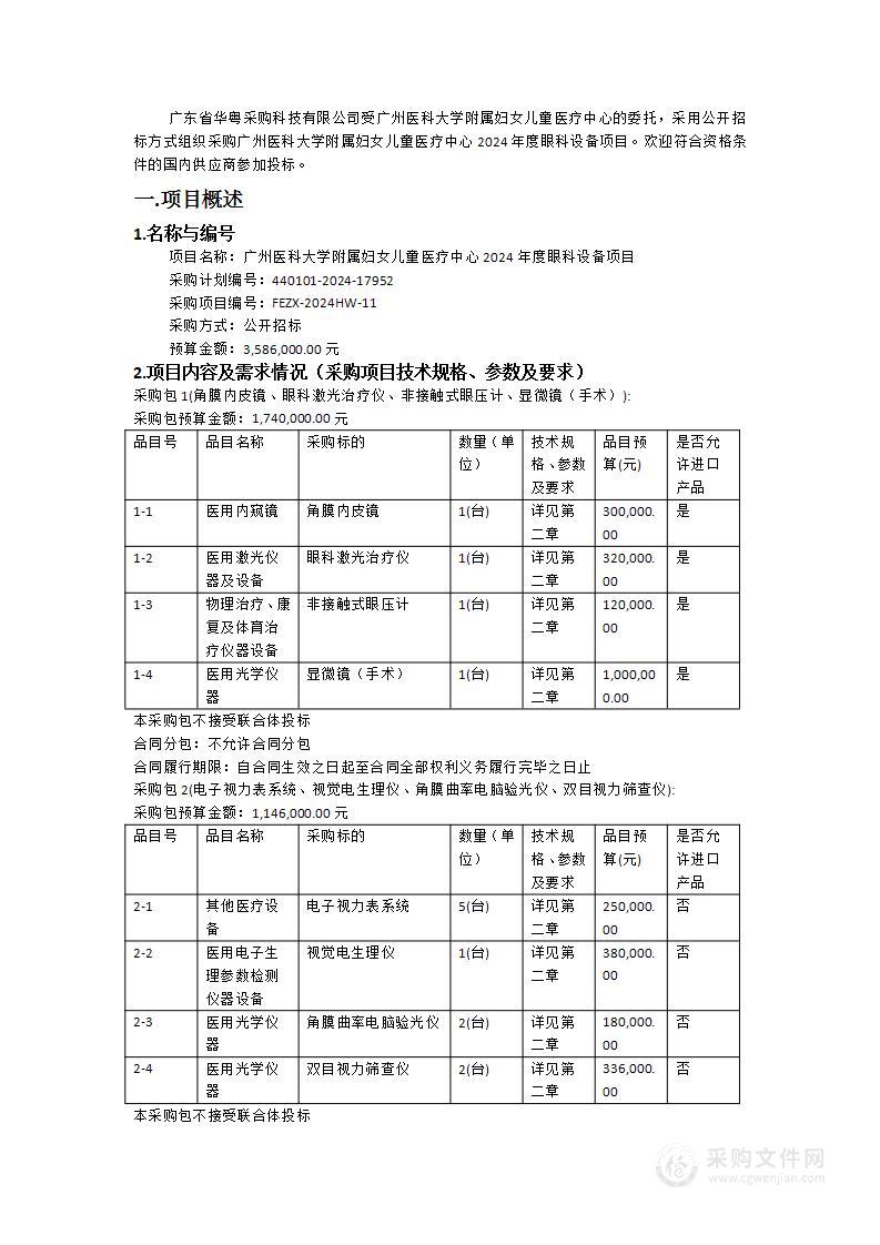 广州医科大学附属妇女儿童医疗中心2024年度眼科设备项目