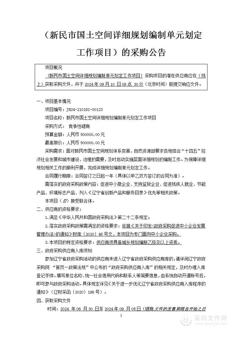 新民市国土空间详细规划编制单元划定工作项目