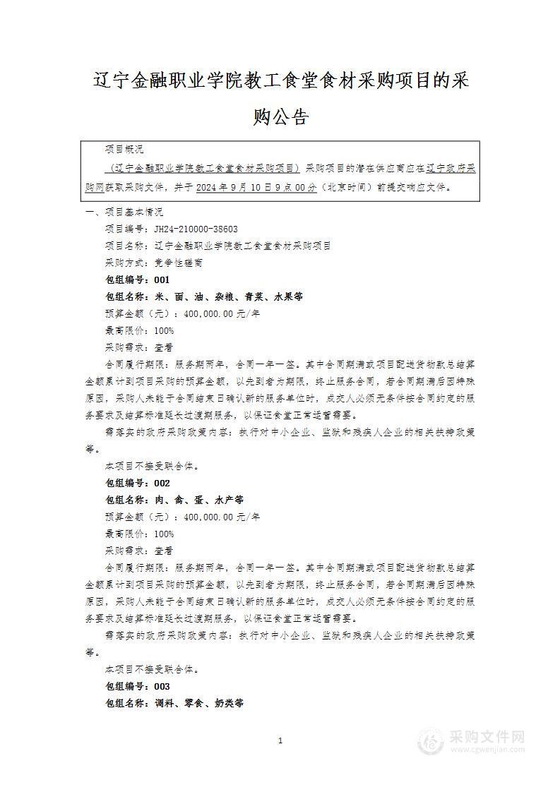 辽宁金融职业学院教工食堂食材采购项目