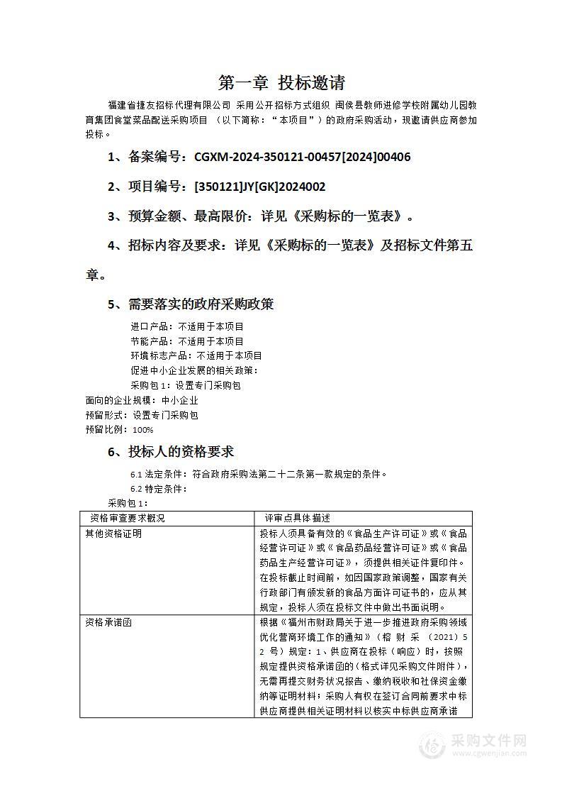 闽侯县教师进修学校附属幼儿园教育集团食堂菜品配送采购项目