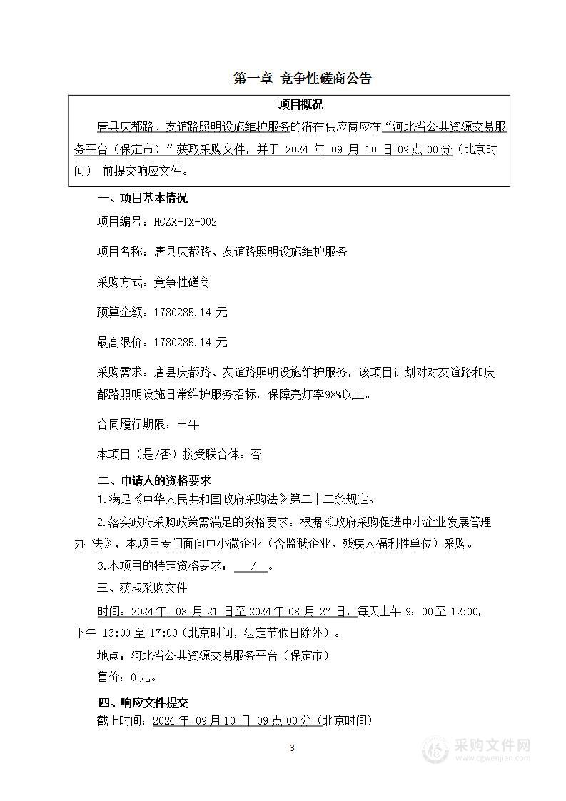 唐县庆都路、友谊路照明设施维护服务