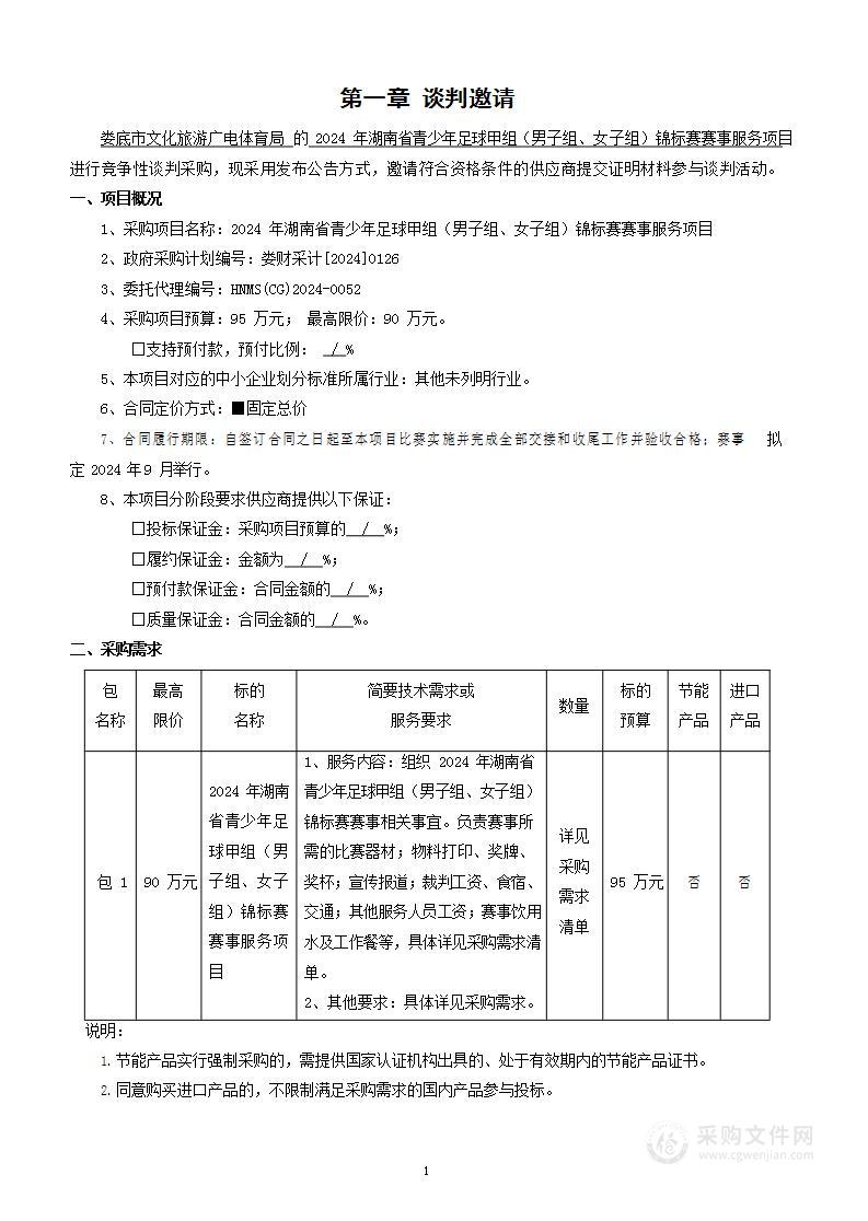 2024年湖南省青少年足球甲组（男子组、女子组）锦标赛赛事服务项目