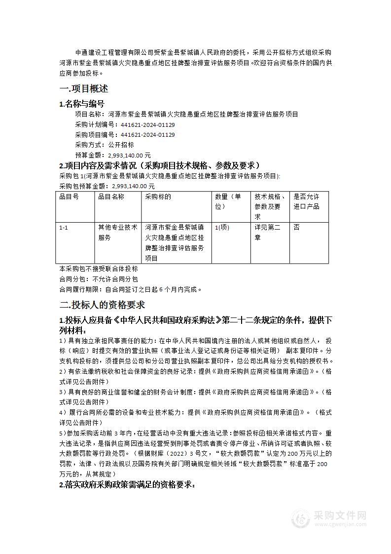 河源市紫金县紫城镇火灾隐患重点地区挂牌整治排查评估服务项目