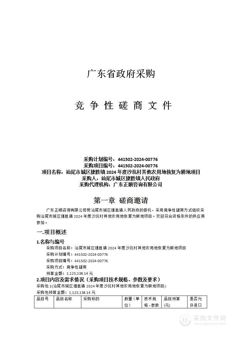 汕尾市城区捷胜镇2024年度沙坑村其他农用地恢复为耕地项目