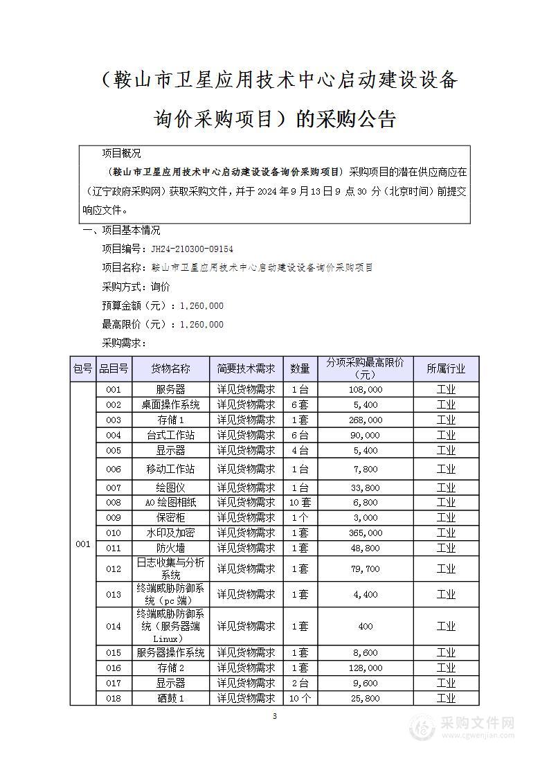 鞍山市卫星应用技术中心启动建设设备询价采购项目