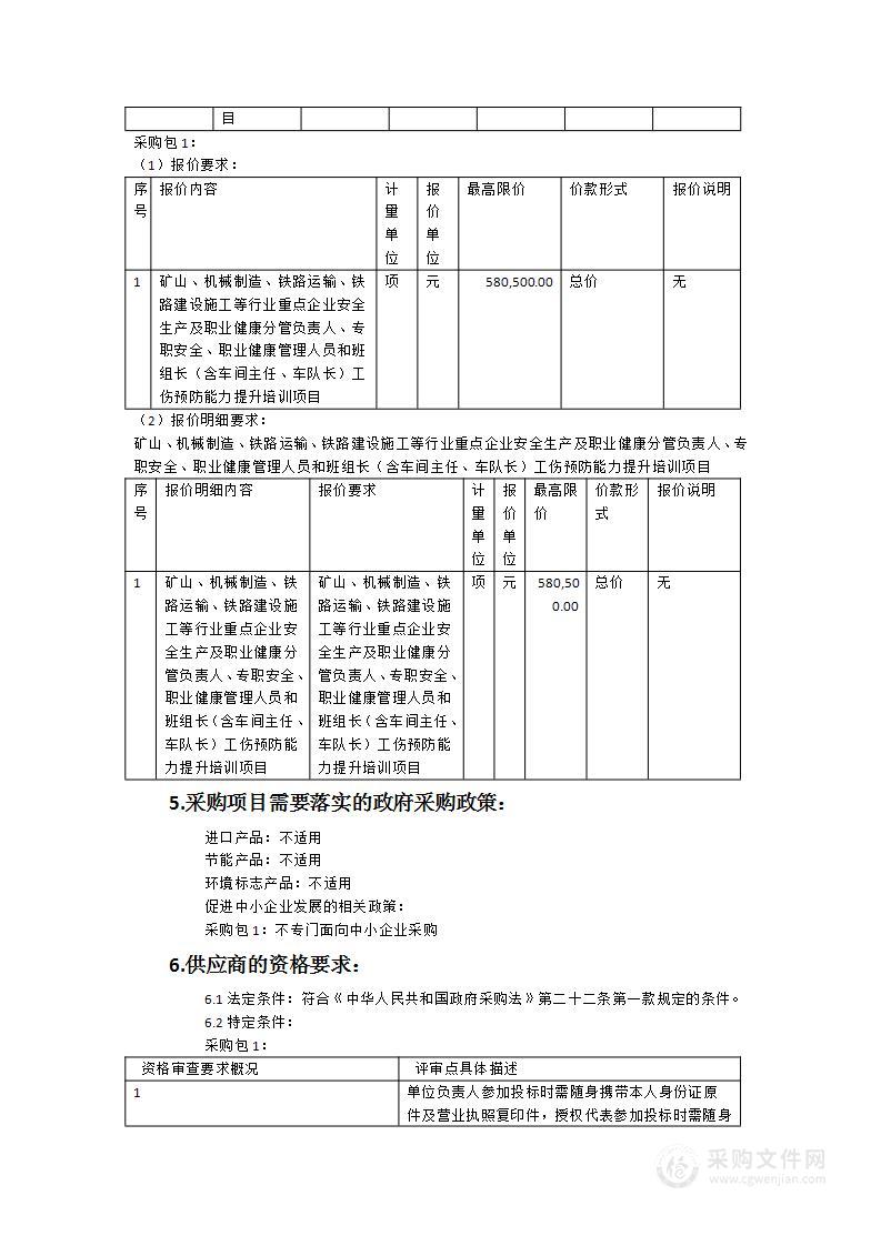 矿山、机械制造、铁路运输、铁路建设施工等行业重点企业安全生产及职业健康分管负责人、专职安全、职业健康管理人员和班组长（含车间主任、车队长）工伤预防能力提升培训项目