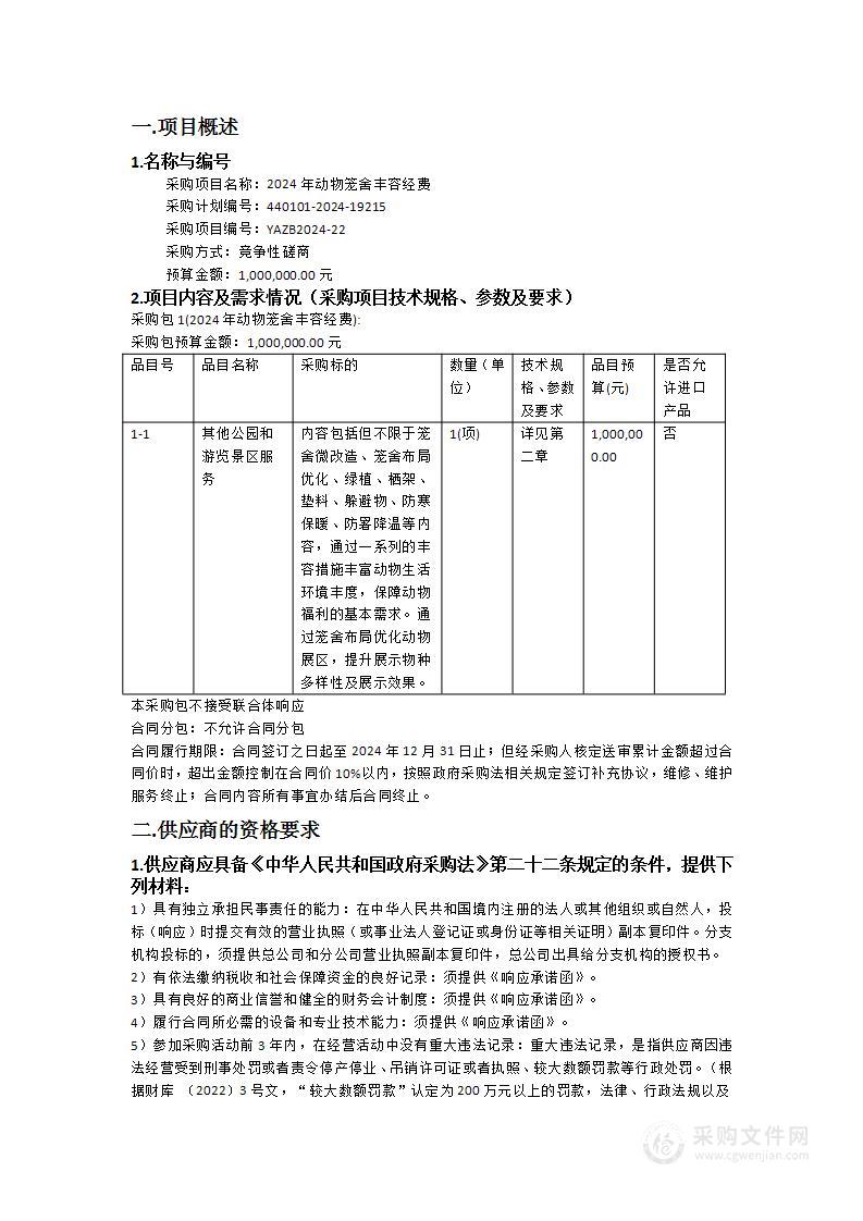 2024年动物笼舍丰容经费