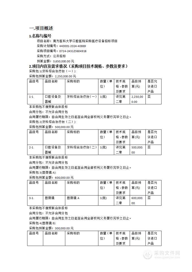 南方医科大学口腔医院采购医疗设备招标项目