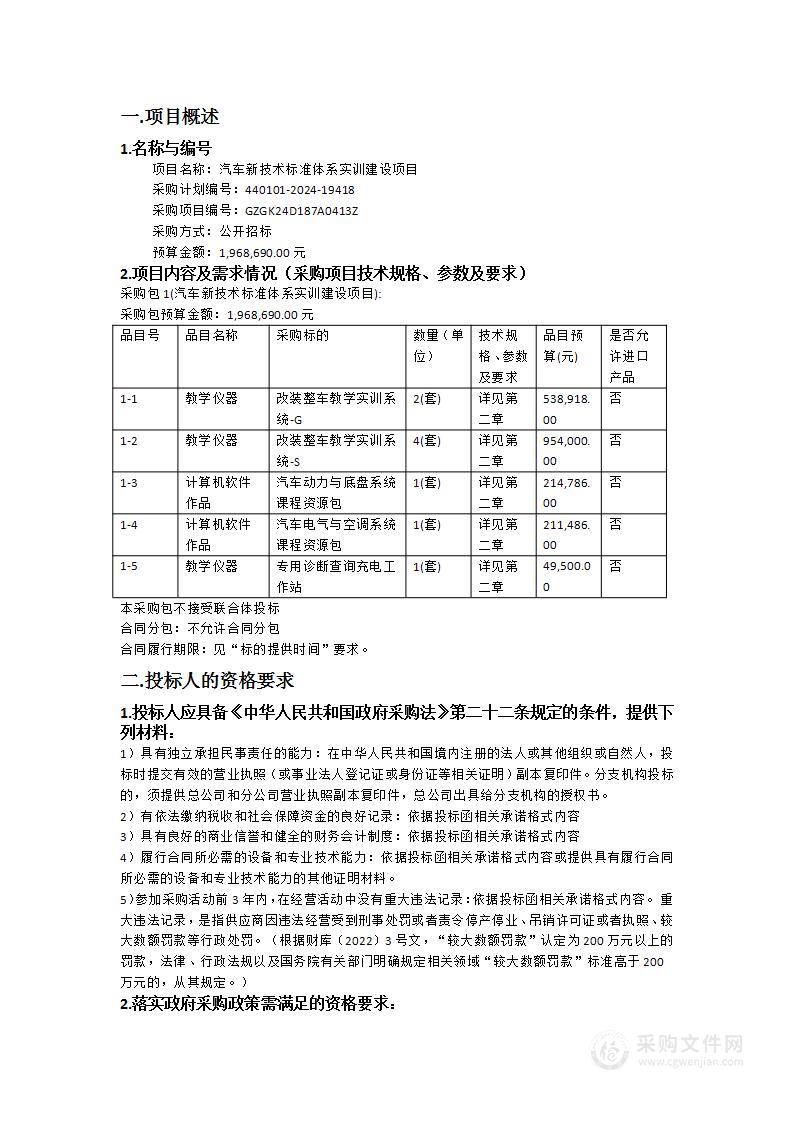 汽车新技术标准体系实训建设项目