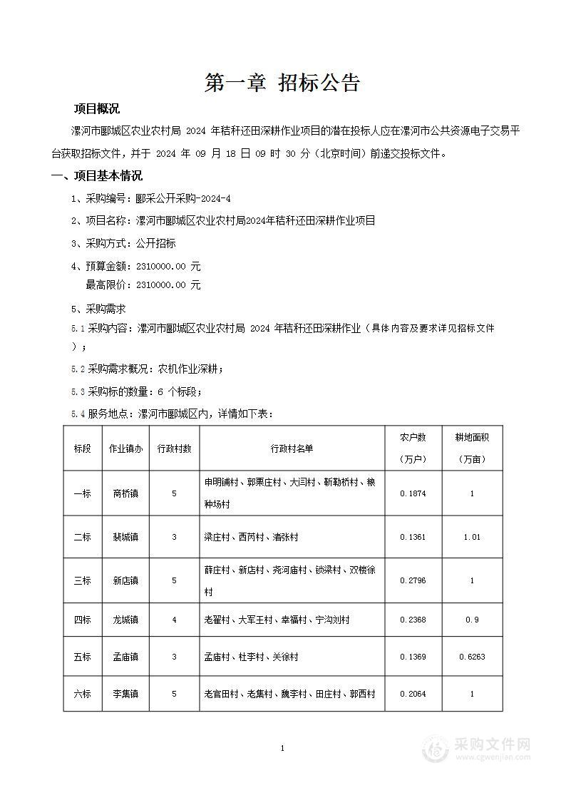 漯河市郾城区农业农村局2024年秸秆还田深耕作业项目