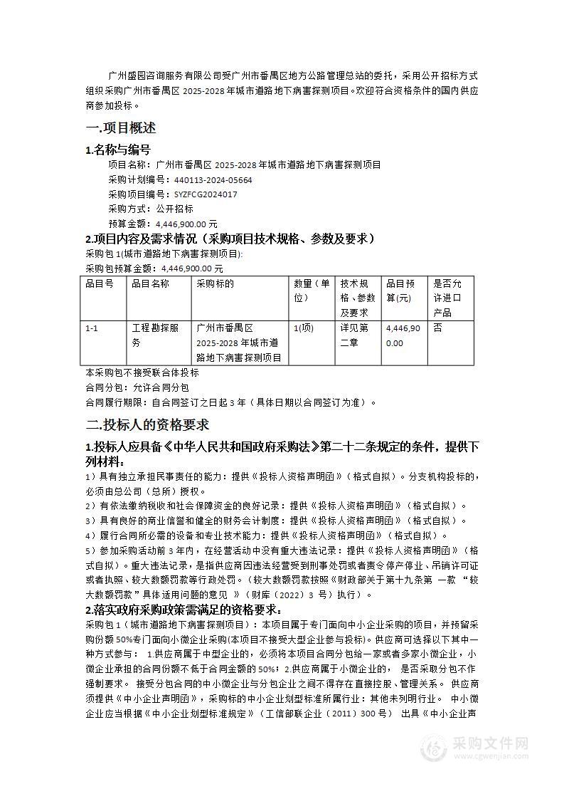 广州市番禺区2025-2028年城市道路地下病害探测项目