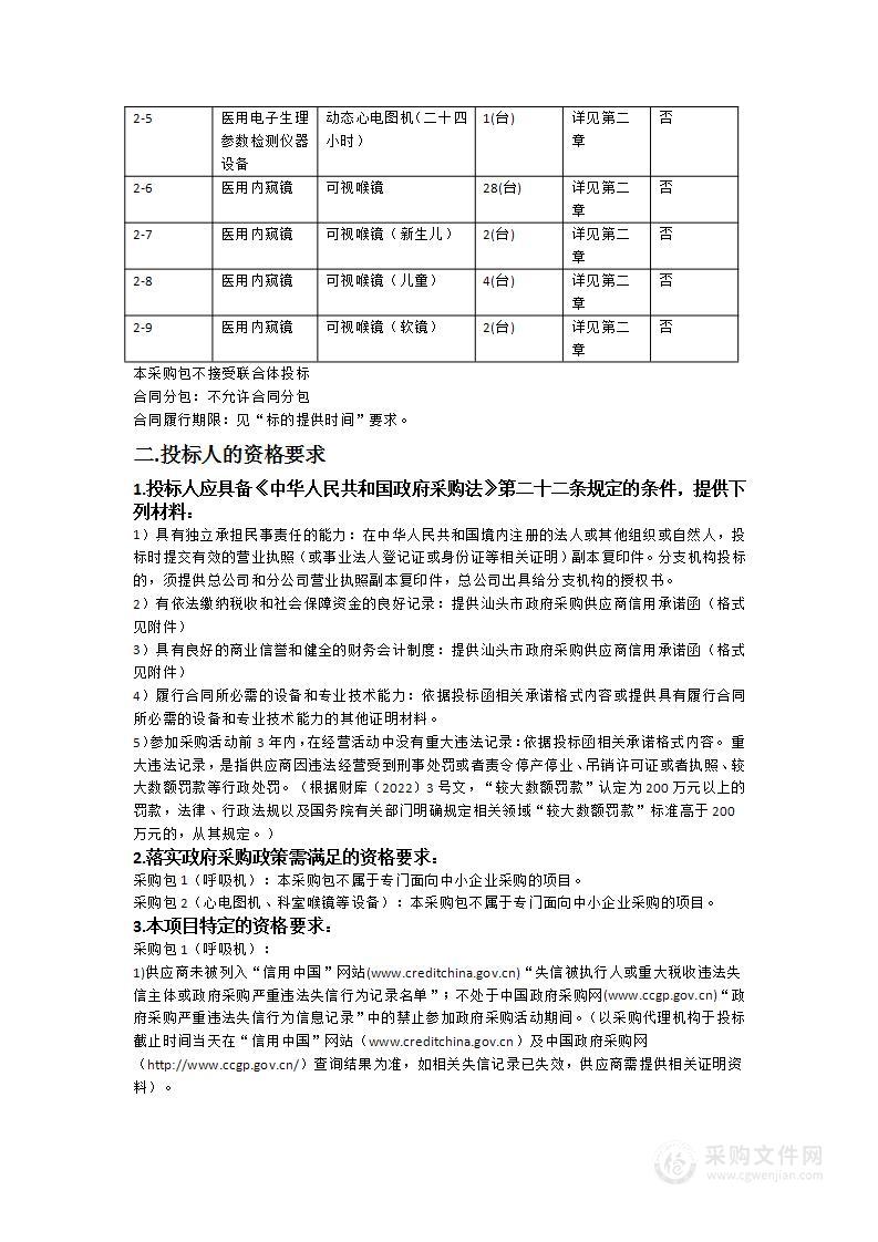 汕头市潮南区人民医院异地新建配套建设工程项目医疗设备政府采购项目（六）（呼吸机、心电图机、科室喉镜等设备）