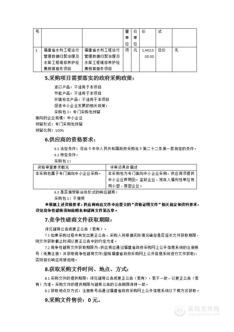 福建省水利工程运行管理数据归聚治理及水库工程维修养护经费测算服务项目