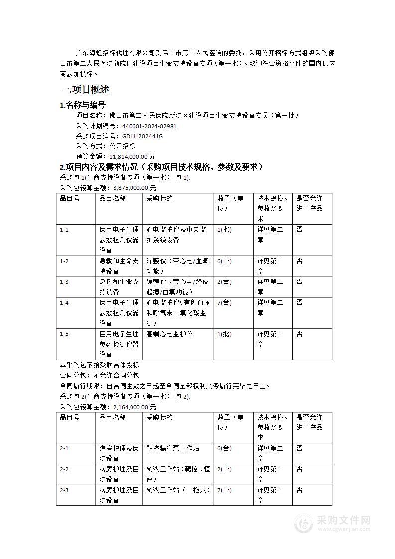 佛山市第二人民医院新院区建设项目生命支持设备专项（第一批）