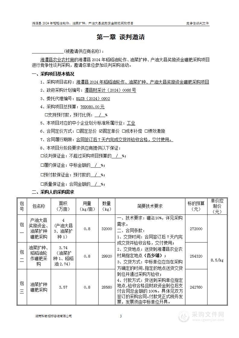 湘潭县2024年稻稻油轮作、油菜扩种、产油大县奖励资金硼肥采购项目