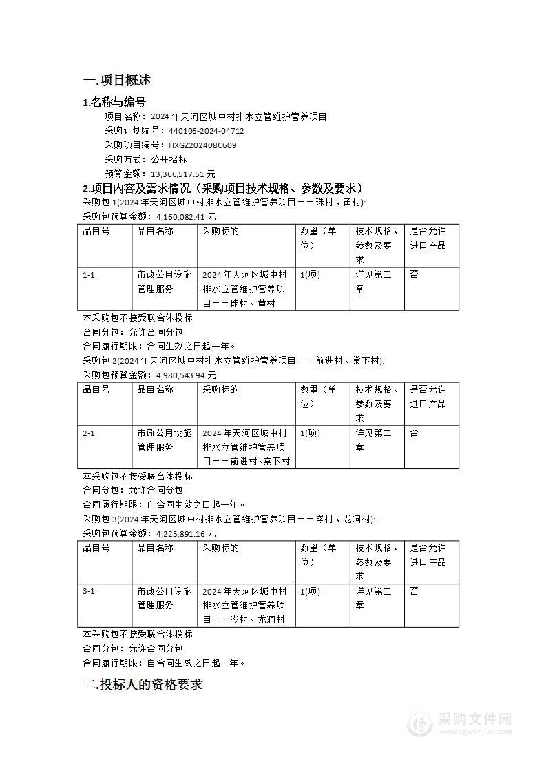 2024年天河区城中村排水立管维护管养项目