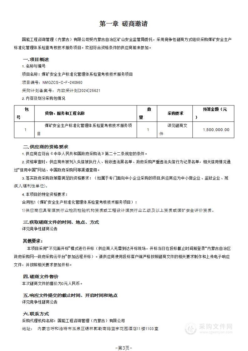 煤矿安全生产标准化管理体系检查考核技术服务项目