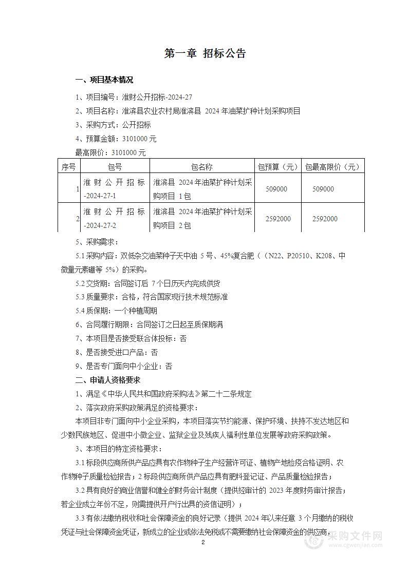 淮滨县农业农村局淮滨县2024年油菜扩种计划采购项目