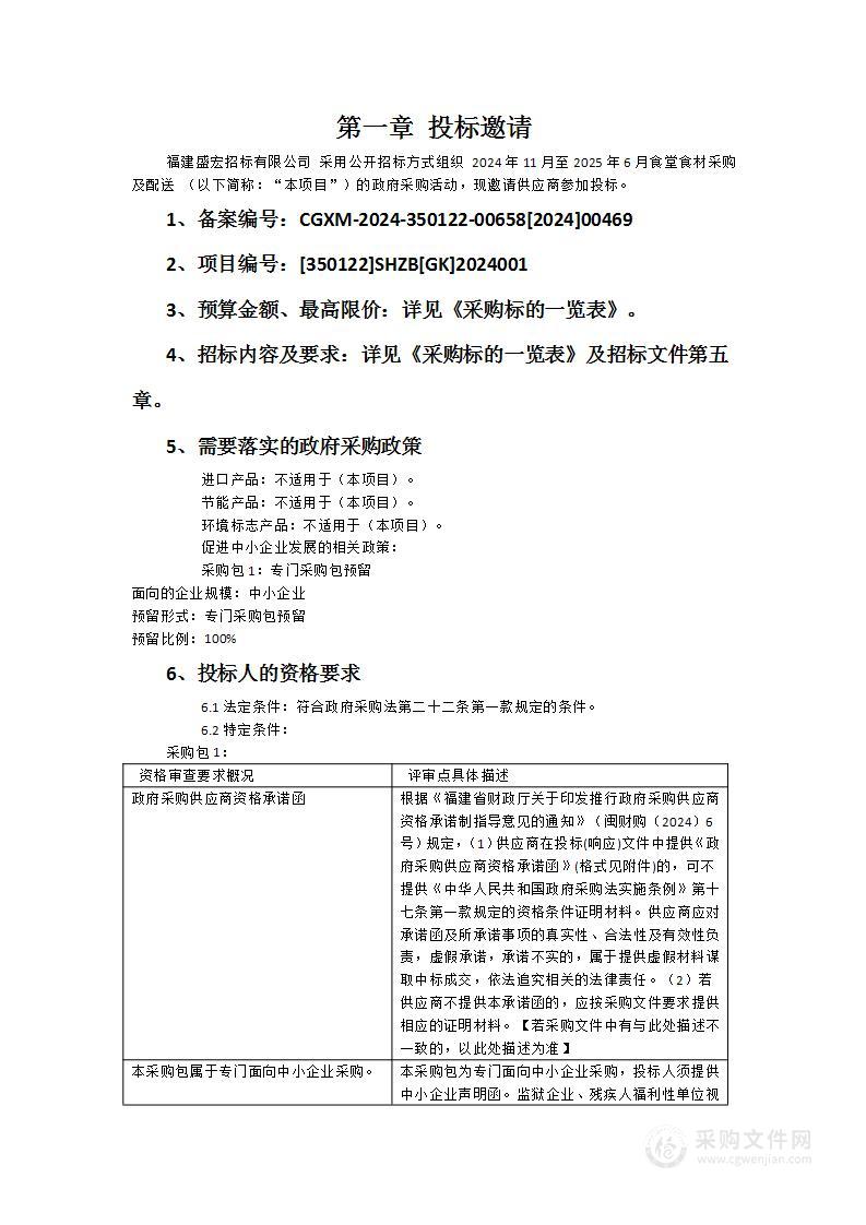 2024年11月至2025年6月食堂食材采购及配送