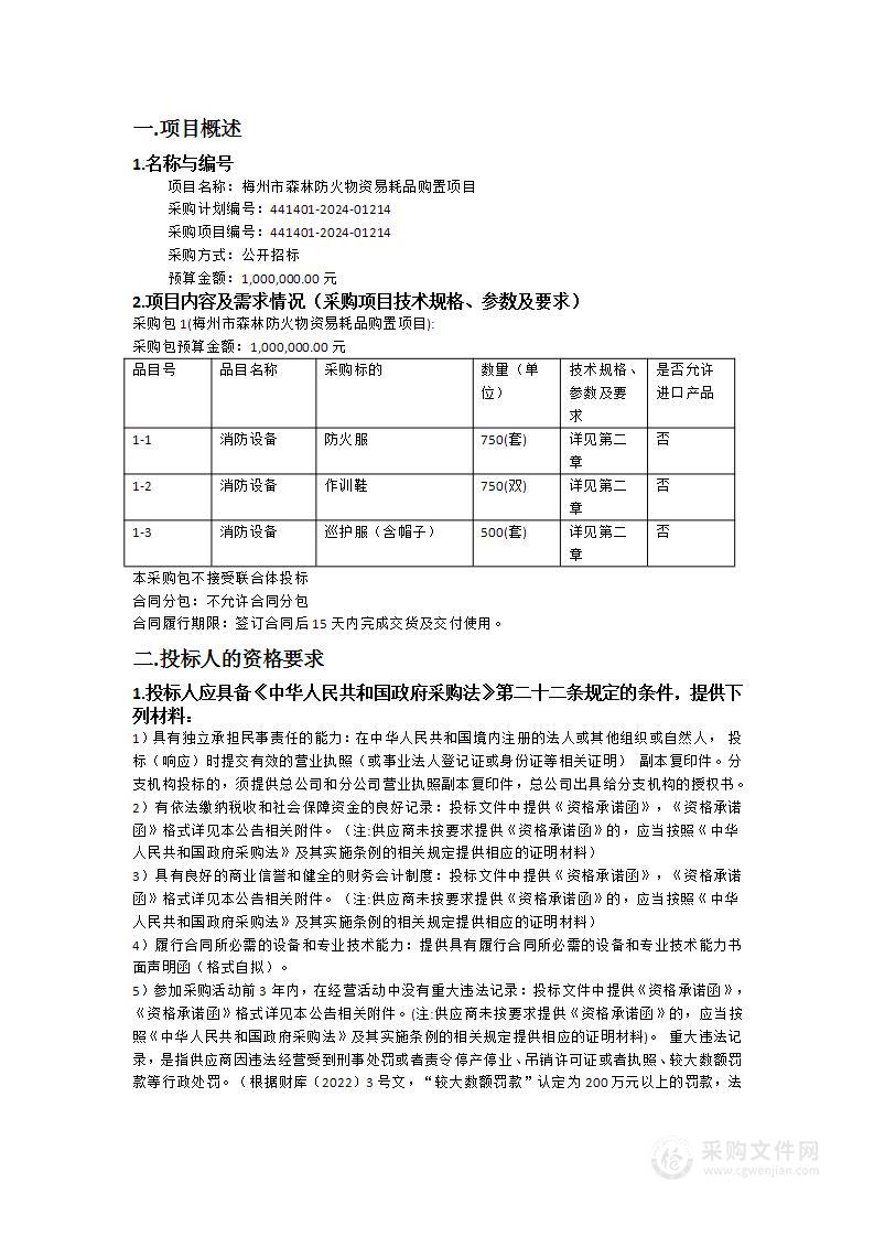 梅州市森林防火物资易耗品购置项目