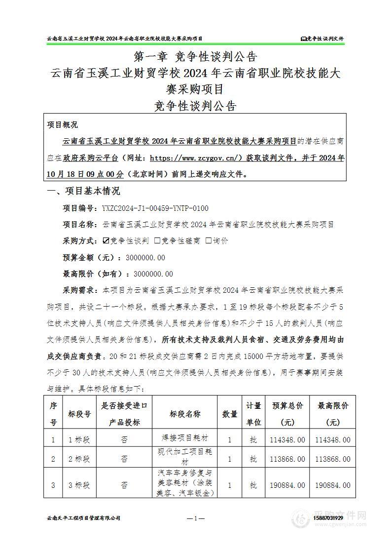 云南省玉溪工业财贸学校2024年云南省职业技能大赛采购项目