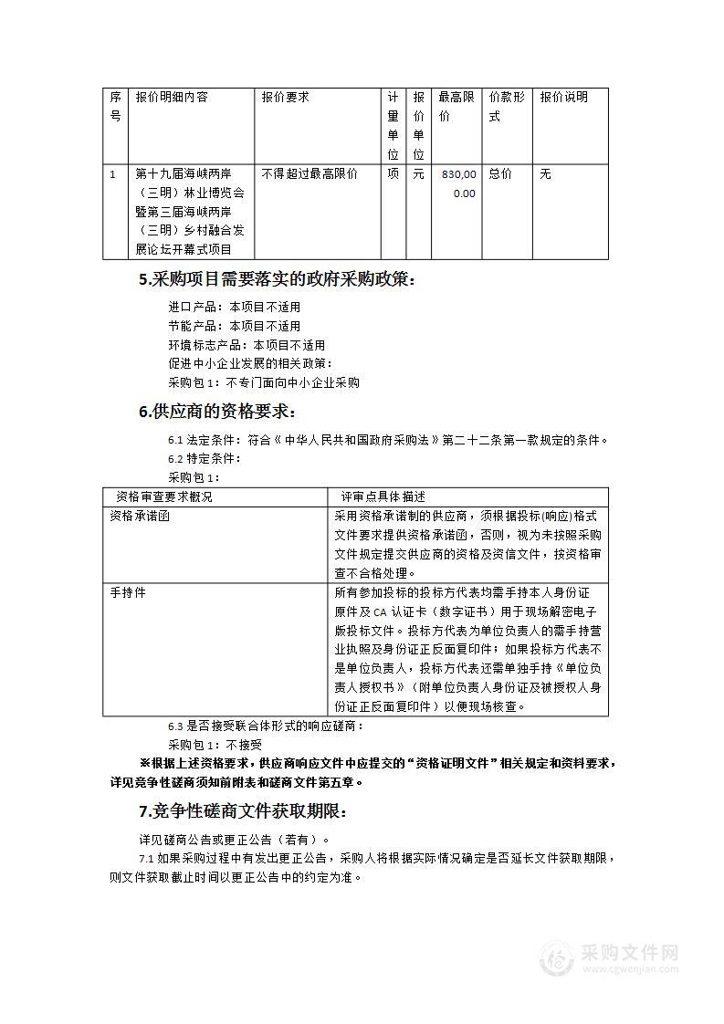 第十九届海峡两岸（三明）林业博览会暨第三届海峡两岸（三明）乡村融合发展论坛开幕式项目