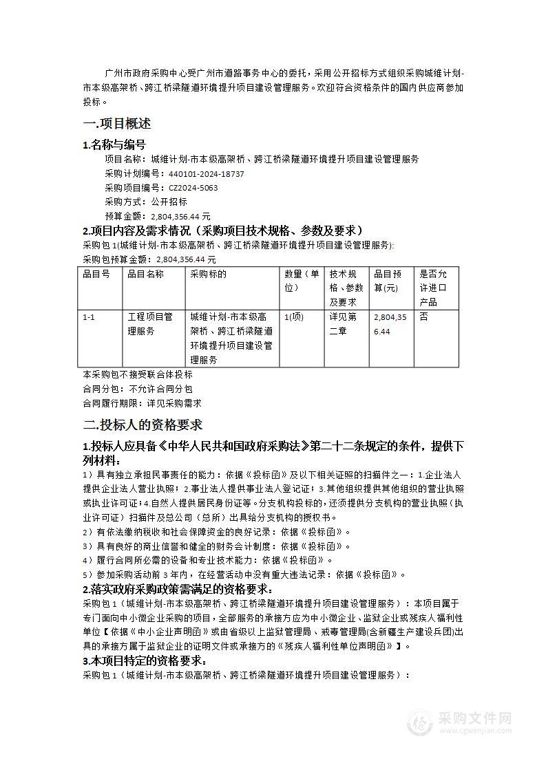 城维计划-市本级高架桥、跨江桥梁隧道环境提升项目建设管理服务