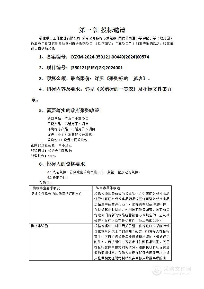 闽侯县南通小学学区小学（幼儿园）教职员工食堂农副食品食材配送采购项目