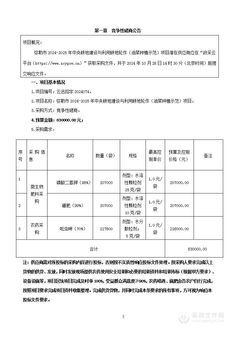 弥勒市2024-2025年中央耕地建设与利用耕地轮作（油菜种植示范）项目