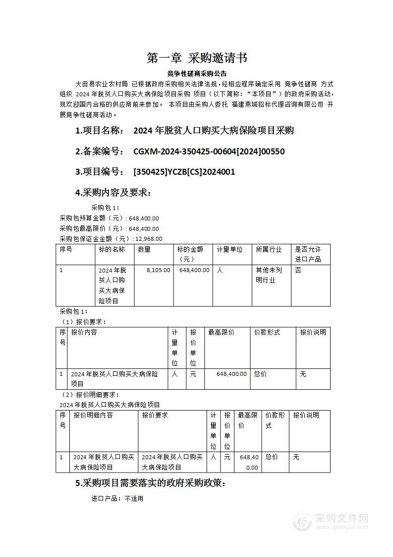 2024年脱贫人口购买大病保险项目采购