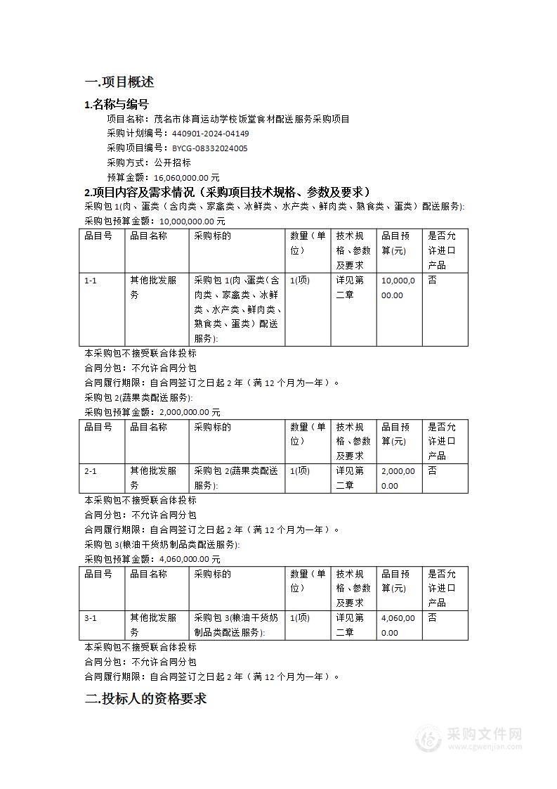 茂名市体育运动学校饭堂食材配送服务采购项目
