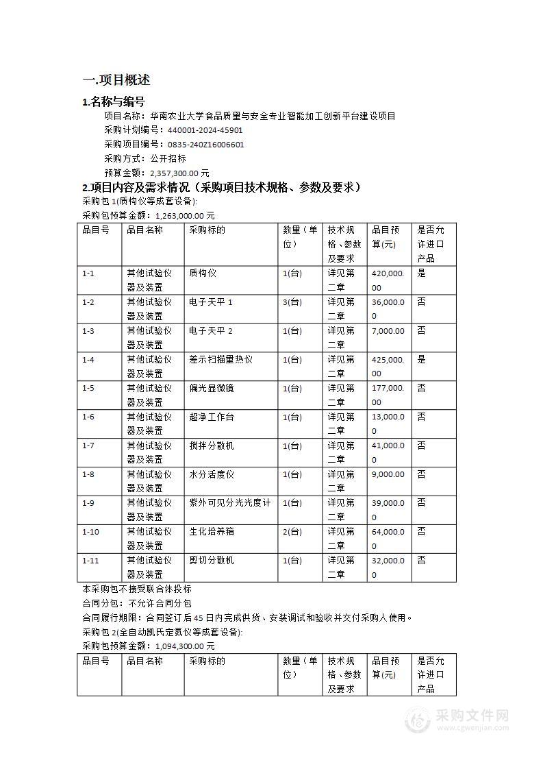 华南农业大学食品质量与安全专业智能加工创新平台建设项目