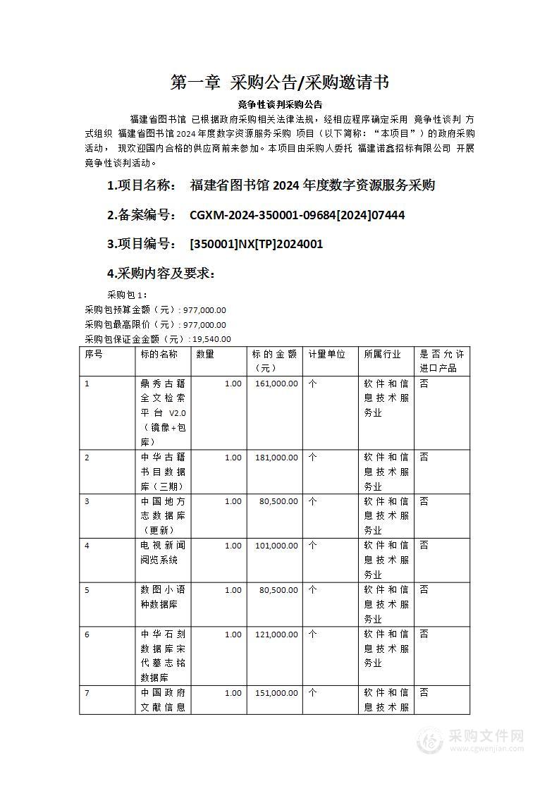 福建省图书馆2024年度数字资源服务采购