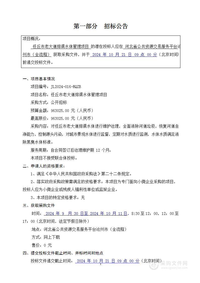 任丘市老大道排渠水体管理项目