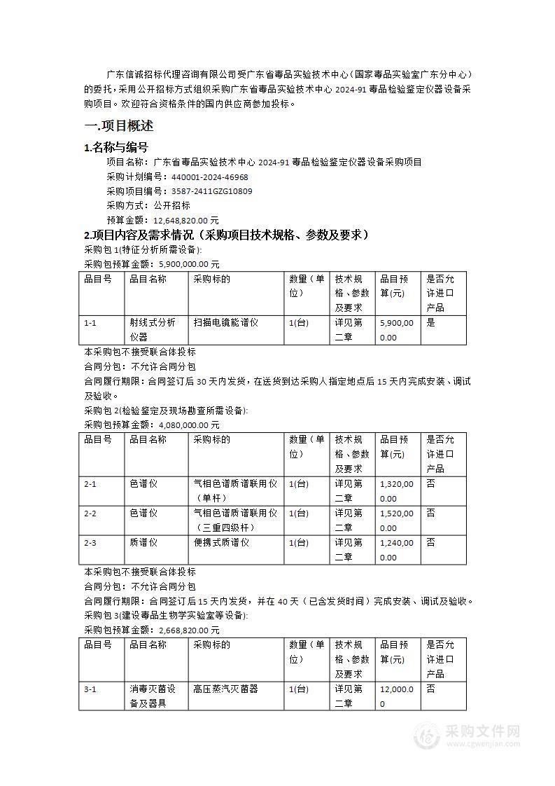 广东省毒品实验技术中心2024-91毒品检验鉴定仪器设备采购项目