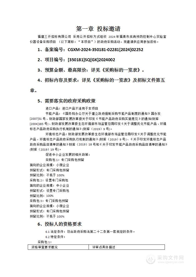 2024年福清市疾病预防控制中心实验室仪器设备采购项目