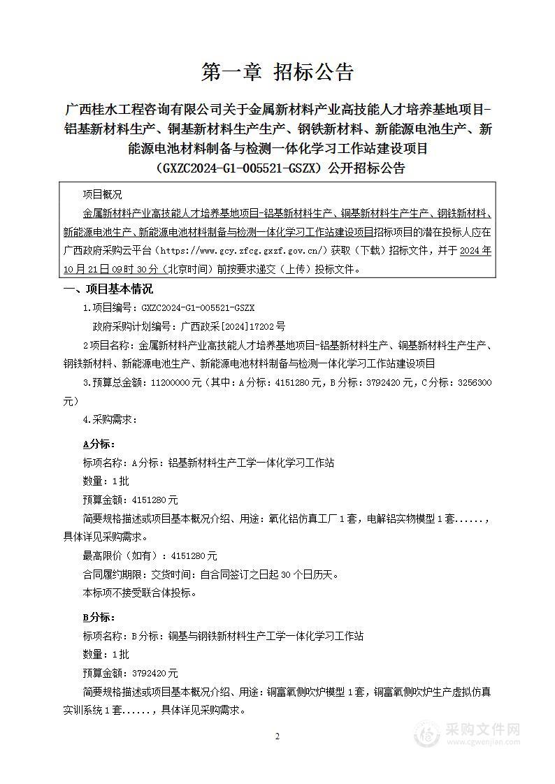 金属新材料产业高技能人才培养基地项目-铝基新材料生产、铜基新材料生产生产、钢铁新材料、新能源电池生产、新能源电池材料制备与检测一体化学习工作站建设项目