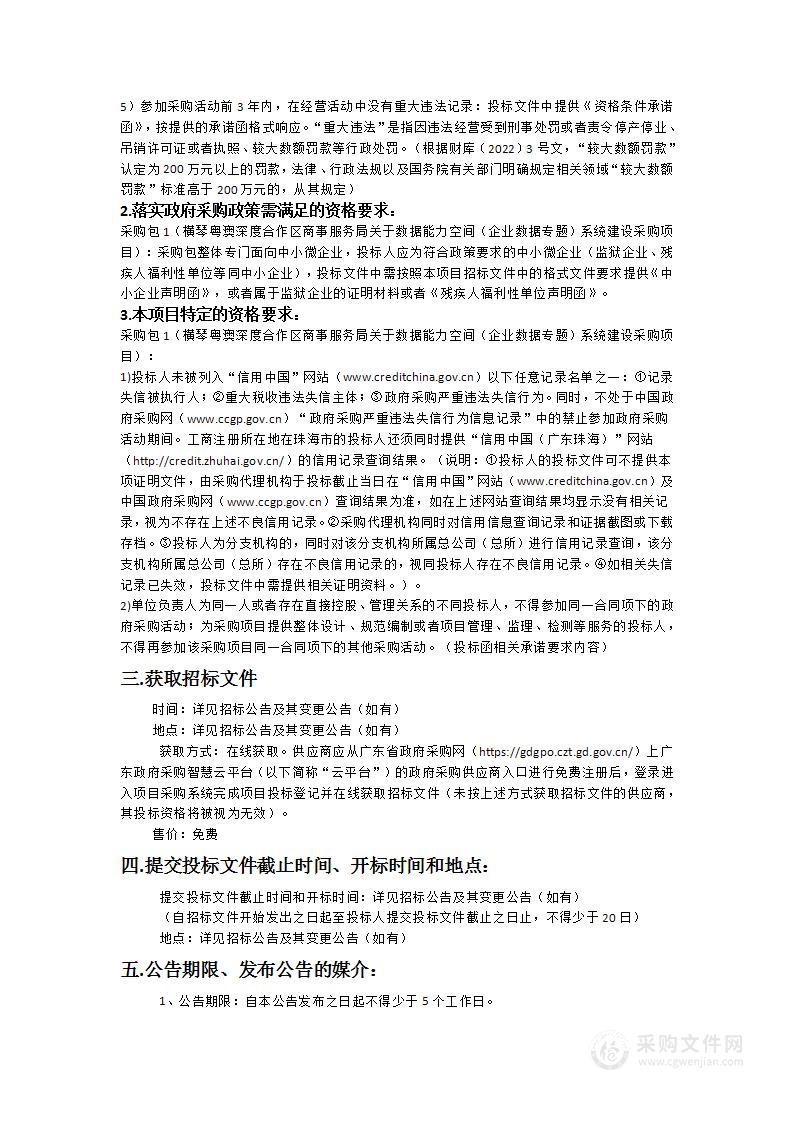 横琴粤澳深度合作区商事服务局关于数据能力空间（企业数据专题）系统建设采购项目