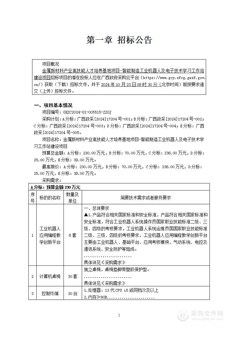 金属新材料产业高技能人才培养基地项目-智能制造工业机器人及电子技术学习工作站建设项目