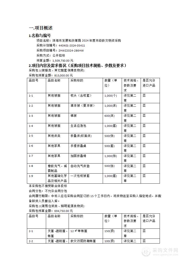 珠海市发展和改革局2024年度市级救灾物资采购