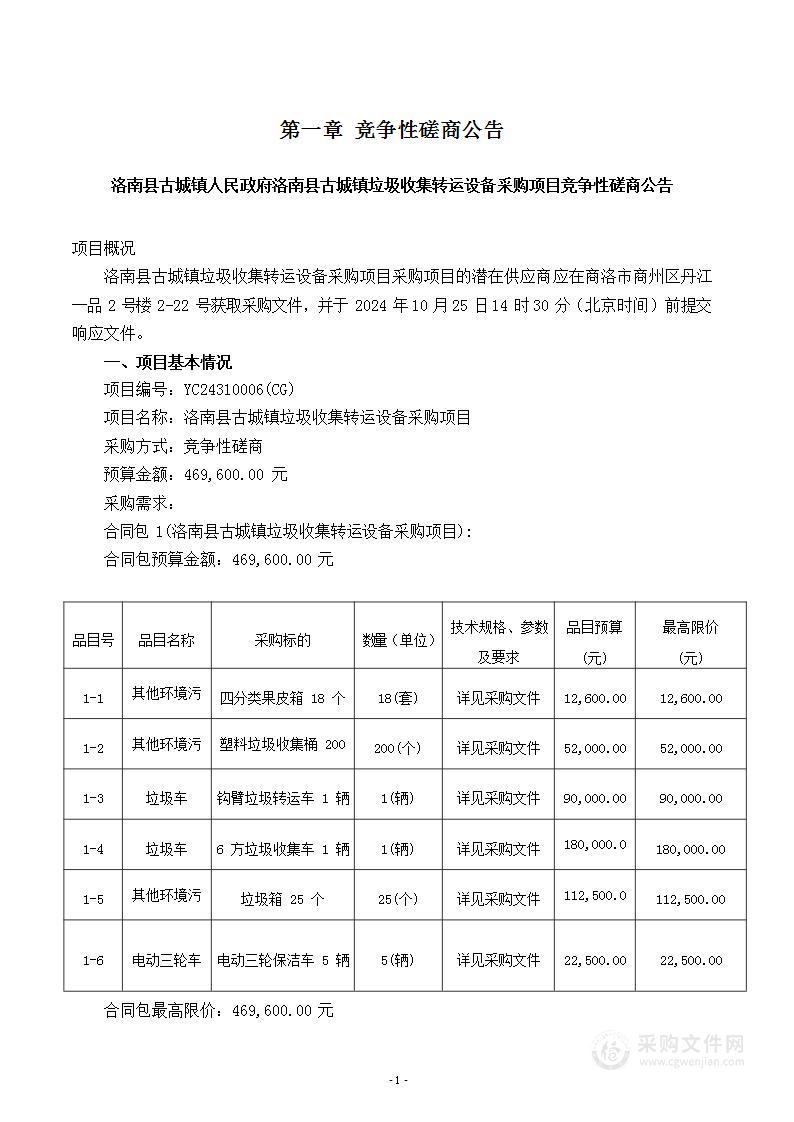 洛南县古城镇垃圾收集转运设备采购项目