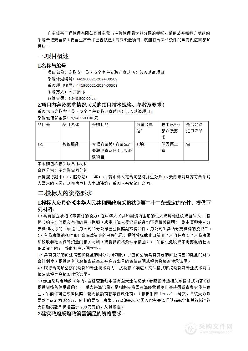 专职安全员（安全生产专职巡查队伍）劳务派遣项目