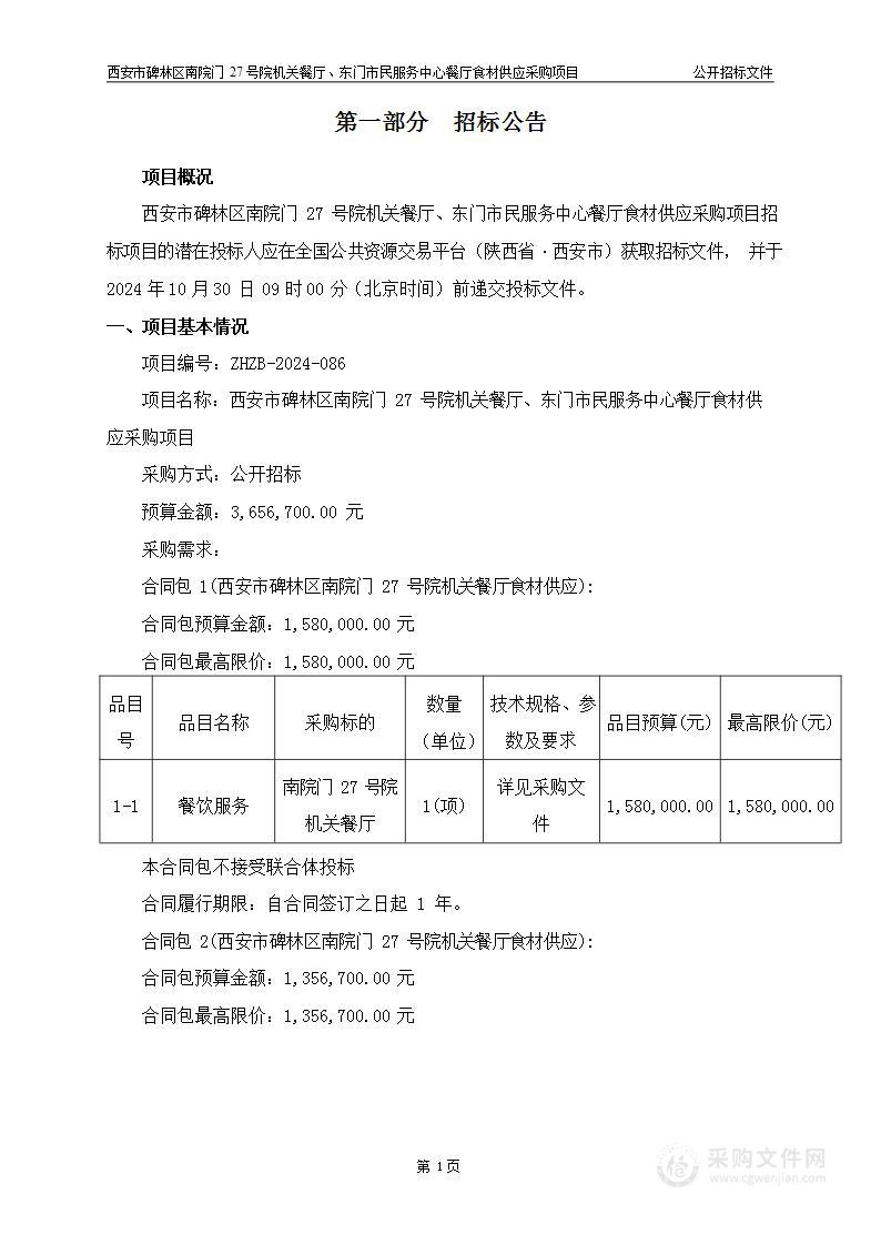 西安市碑林区南院门27号院机关餐厅、东门市民服务中心餐厅食材供应采购项目