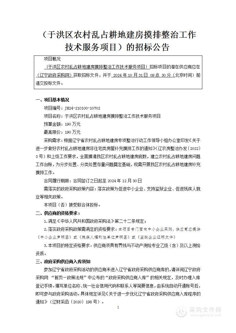 于洪区农村乱占耕地建房摸排整治工作技术服务项目