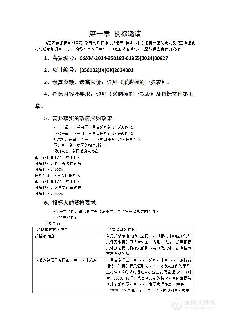 福州市长乐区第六医院病人及职工食堂食材配送服务项目