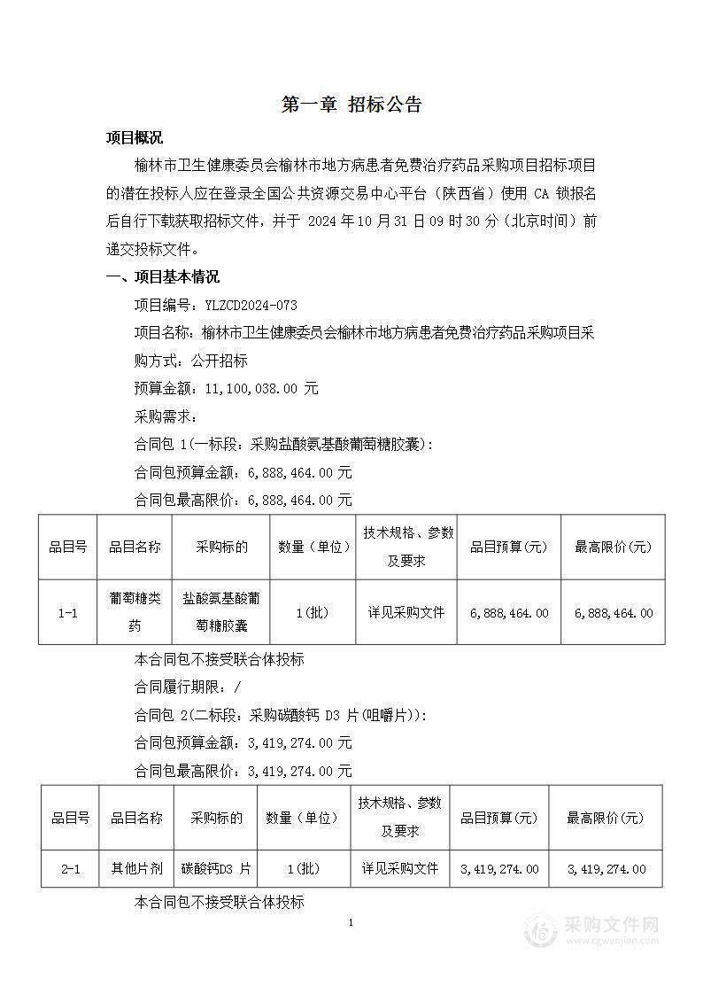 榆林市地方病患者免费治疗药品采购项目（二标段）